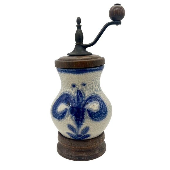 Zassenhaus W Germany Salt Glaze Stoneware Pepper Grinder Mill Wood Fleur-de-lis - Picture 2 of 8